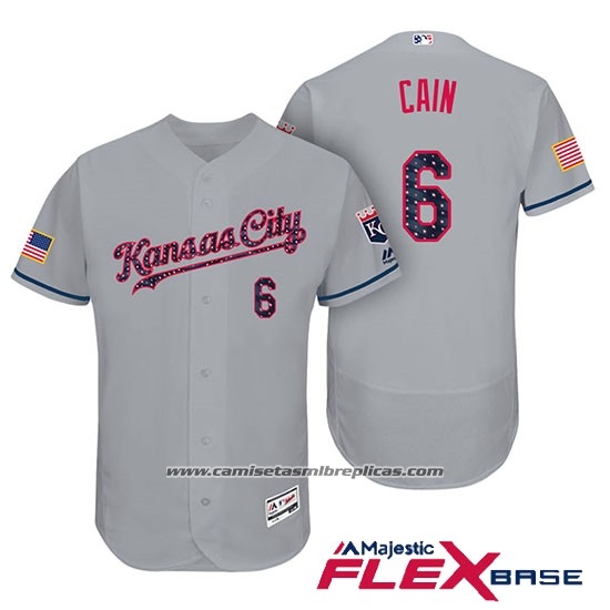 Camiseta Beisbol Hombre Kansas City Royals 2017 Estrellas y Rayas Lorenzo Cain Gris Flex Base